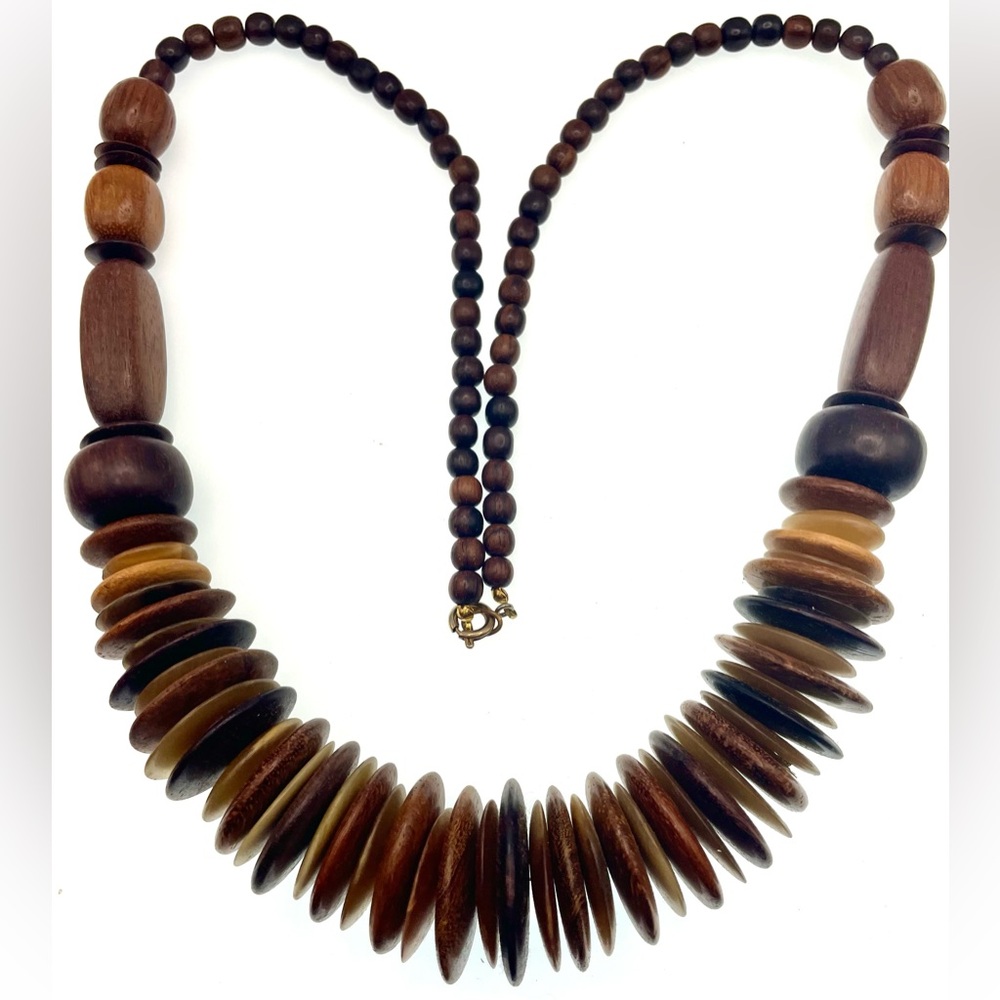 Vintage Statement Wood Beaded  Necklace – Long 32” Earth Tone Tribal Style 32”